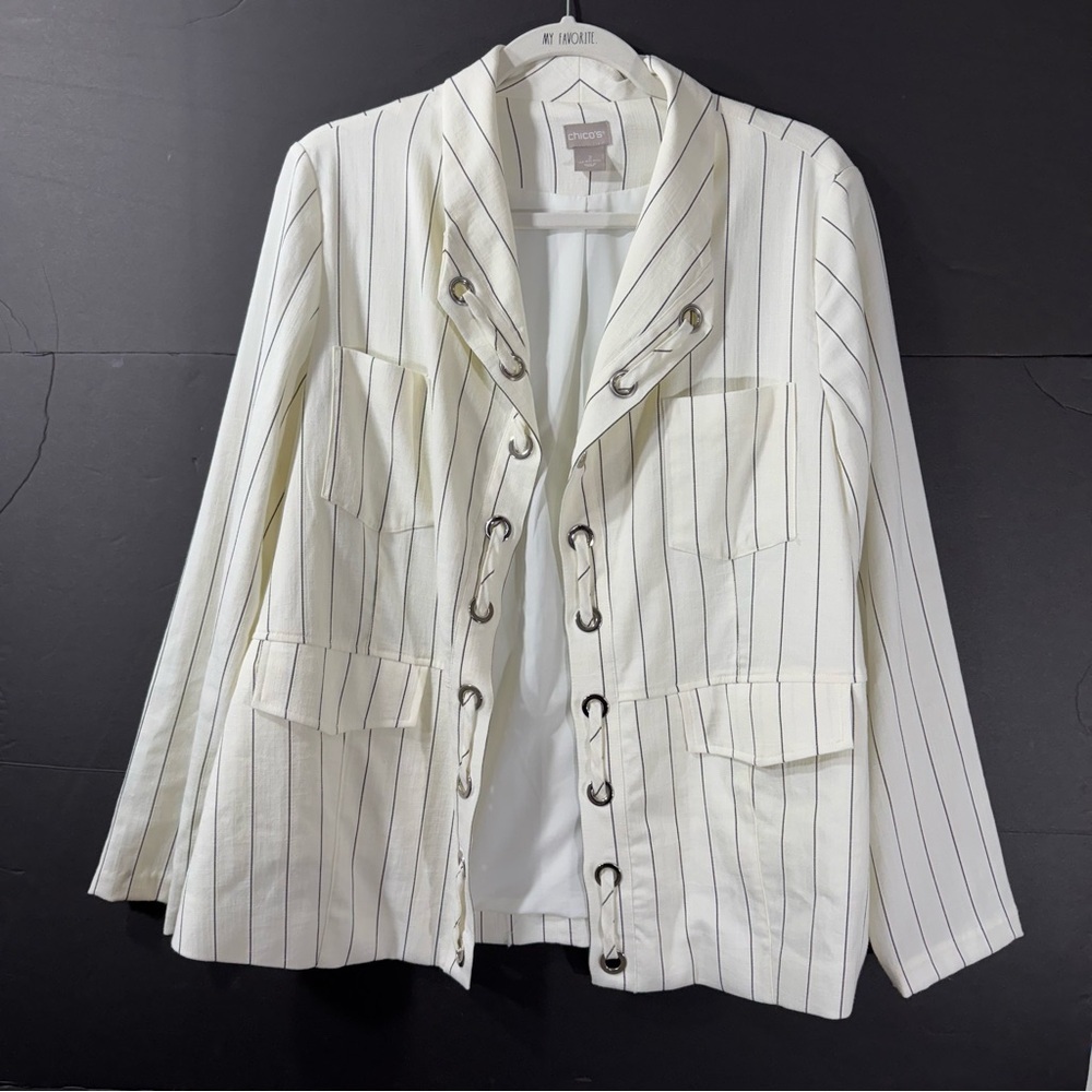 Chico’s Cream with Black Stripes Grommet Blazer